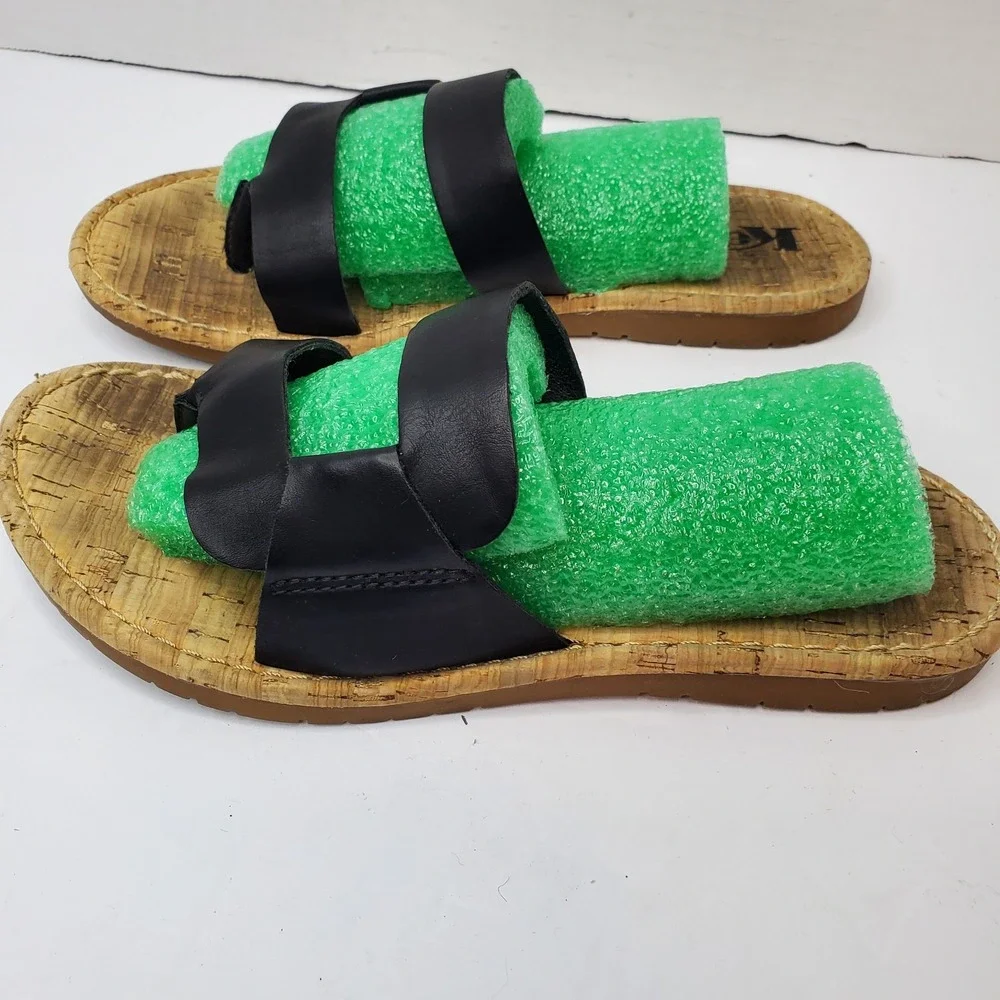 Korks Open Toe‎ Double Strap Slide Sandals Black Womens Size 6M Fast Shipping